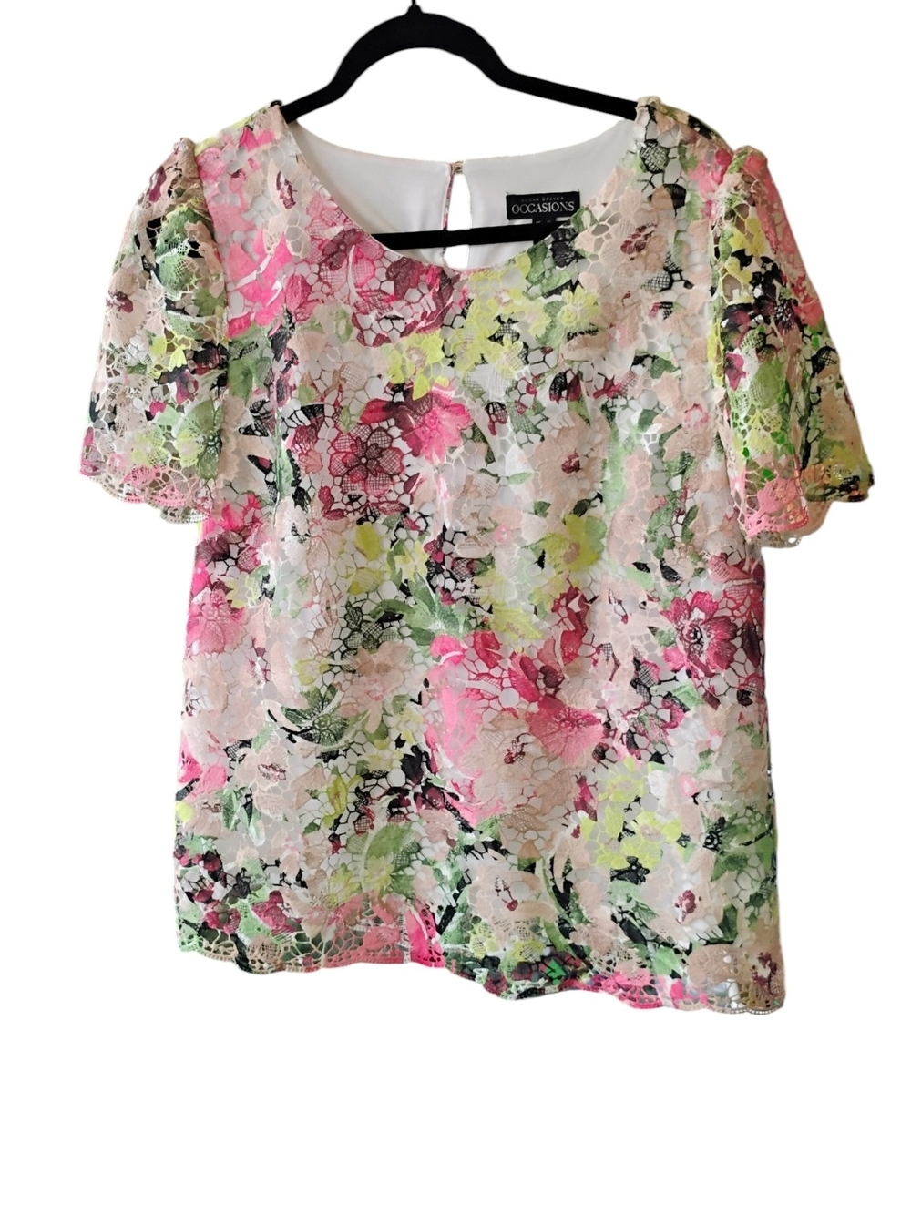 Occasion Floral Lace Overlay Short Sleeve Blouse - Pink, Green & Cream SZ M